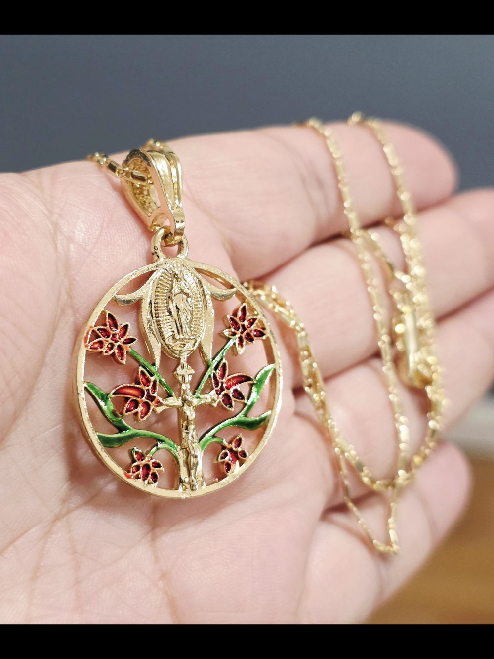 18k Gold Plated Floral Virgin Mary Pendant Necklace with Red & Green Enamel